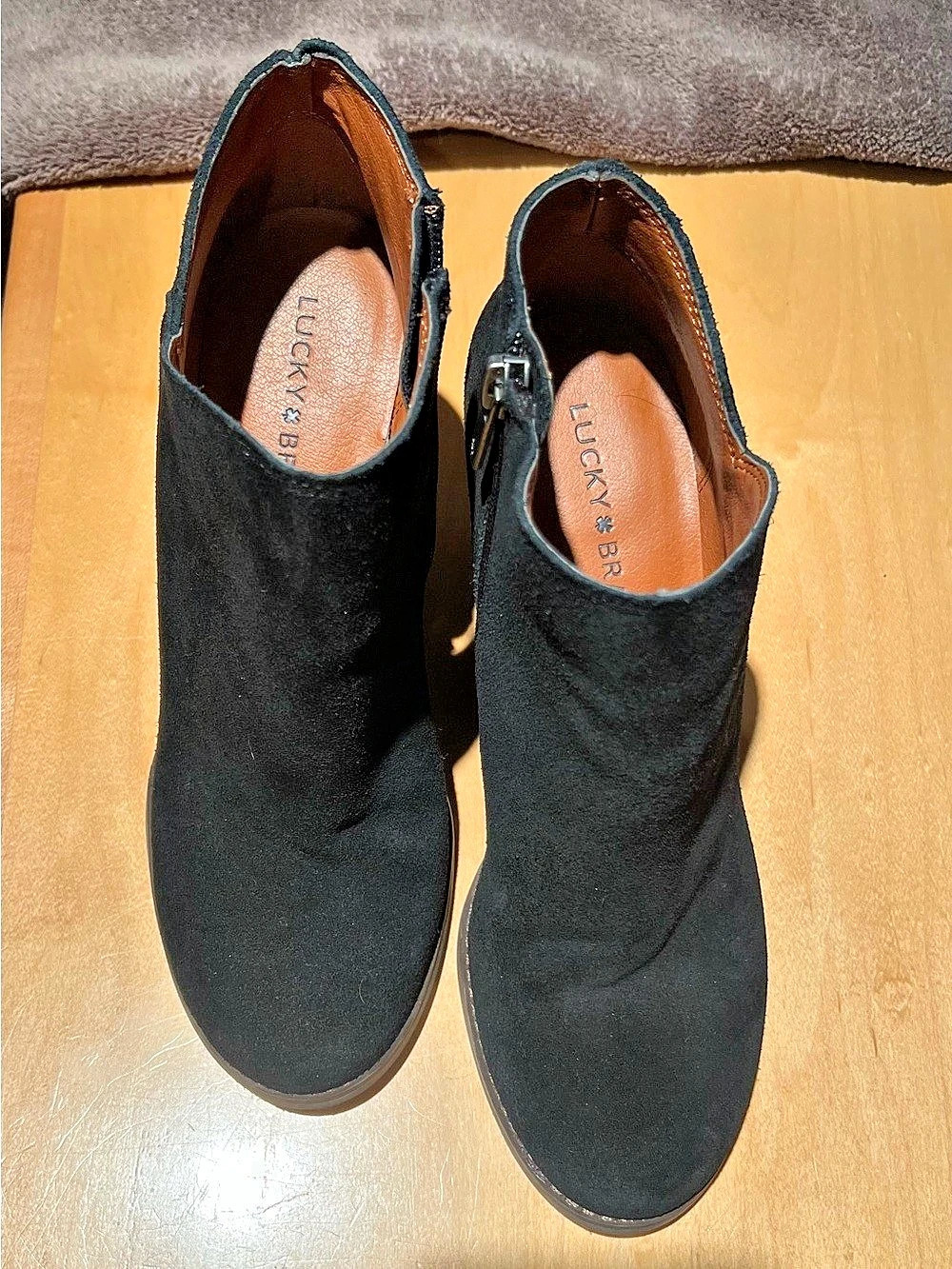 Lucky Brand Yakeena Wedge Boots Black Suede with Brown Wedge Heel - Picture 3 of 6